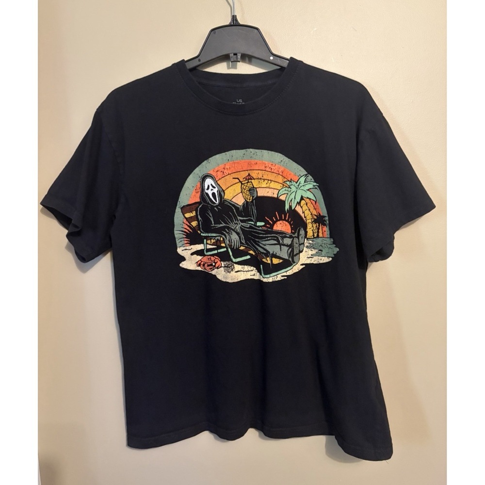 Scream GhostFace Beach Graphic T Shirt Black Sz L Halloween Horror Retro Y2K